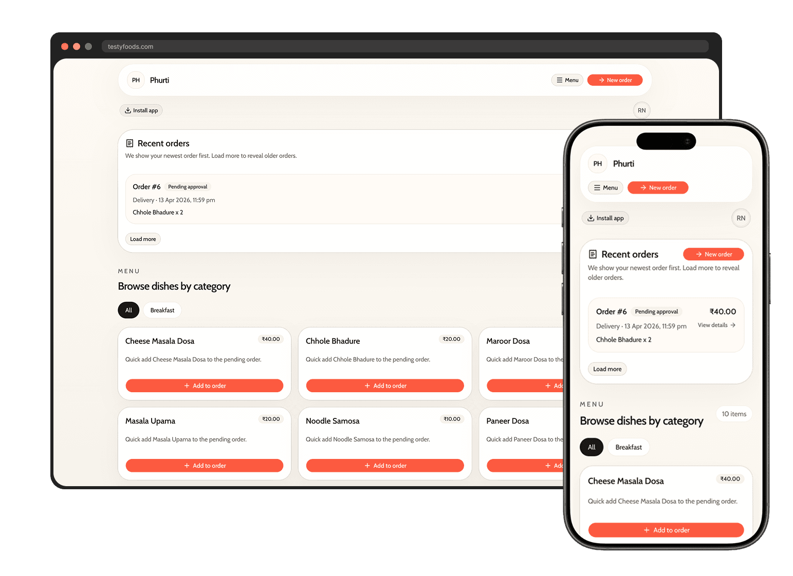Phurti customer app ordering experience